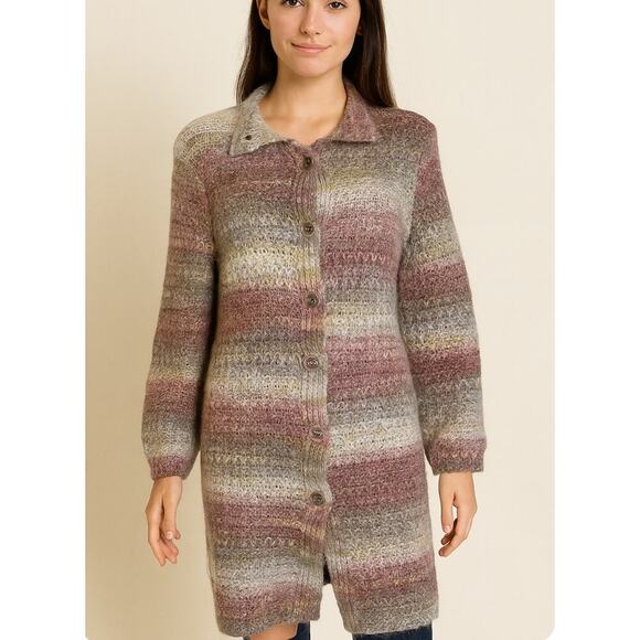 J. Jill Long Cardigan Sweater Wool Alpaca Knit Mauve Neutrals Striped SZ M soft - Picture 1 of 9